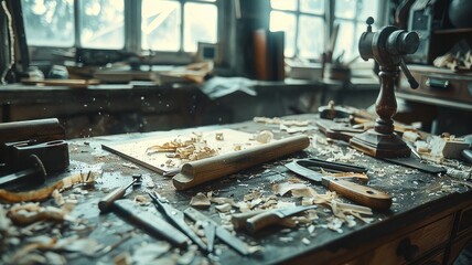 Artisan's tools scattered on rustic wooden table capturing essence of craftsmanship