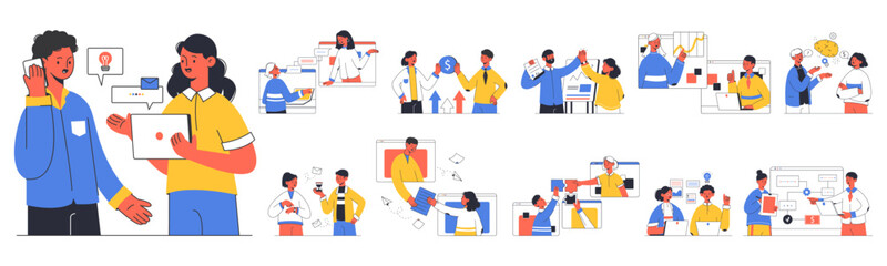 Business teamwork. Office working people communication, brainstorming and collaboration flat vector illustrations set. Business team workflow scenes