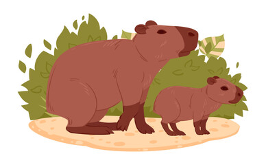 Cartoon capybaras. Wild mom and baby mammals in natural habitat herbivore, semi-aquatic animals flat vector illustration. Cute capybaras