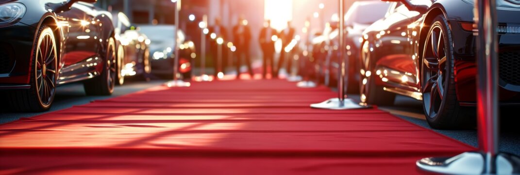 The view of a glamorous red carpet event entrance flanked by high-end luxury cars under evening lights