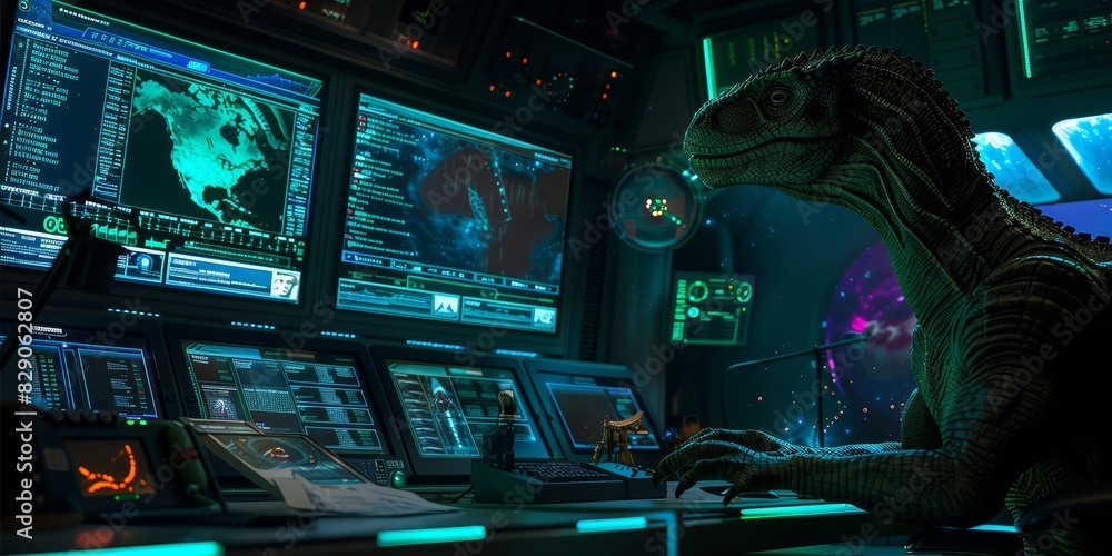 Poster A alien operating in a high-tech control room filled with computer screens and advanced technology, blending elements of fantasy and science fiction in a modern digital environment, Generative AI