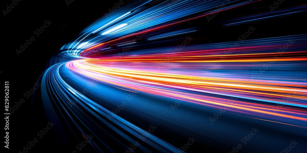 Poster curving light trails on a dark road captured with long exposure, illustrating the dynamic energy and