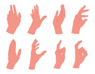 Hand gestures. Female palm with elegant gesture, human hands showing, presenting and pointing flat vector illustration set. Cartoon hand palms