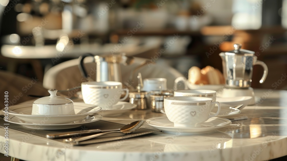 Poster a table set with white cups and saucers. generative ai