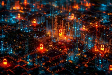 Obraz premium Glowing digital padlocks on a cityscape background, symbolizing cybersecurity, online protection, and the integration of modern technology in a high tech urban environment