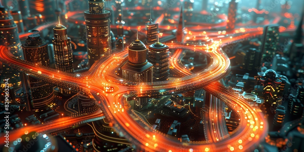 Poster futuristic cityscape at night with glowing light trails weaving through the urban infrastructure, re