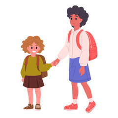 School kids. Middle and primary school students, sisters going to school flat vector illustration. School students on white