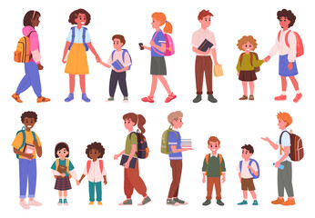 School students. Elementary, middle and high school pupils, cheerful classmates with backpacks and books, students of different grades and ages flat vector illustration set. Mixed ages students