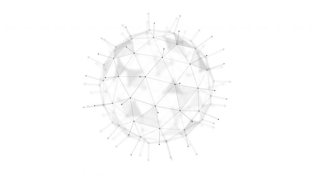 Abstract plexus sphere from black dots, lines and triangles on a white background with depth of field. Seamless loop.