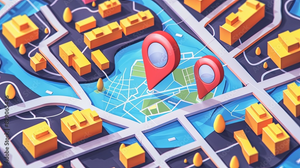 Poster detailed isometric gps map with a prominent red marker indicating a specific location. digital artwo