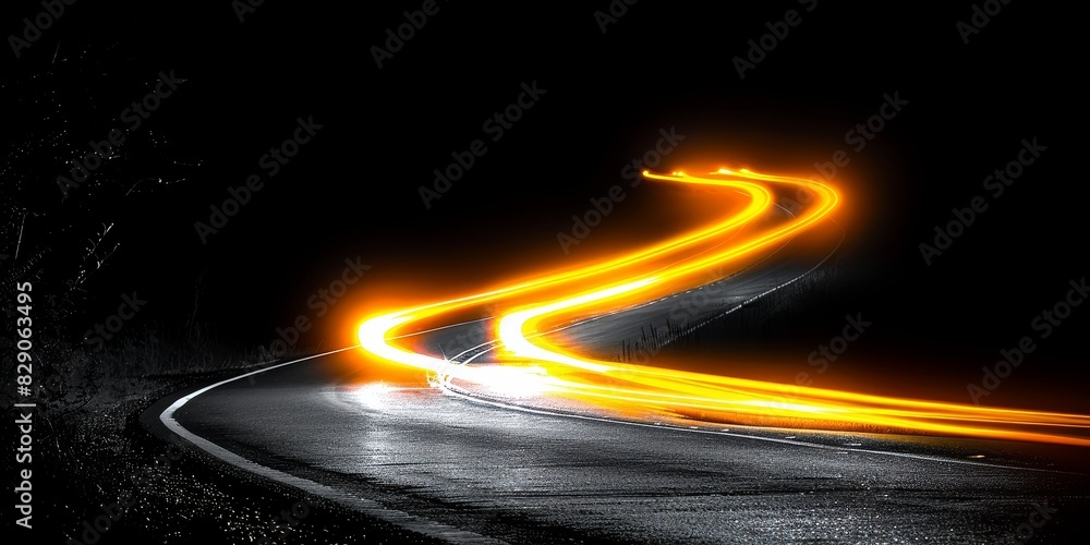 Poster curving light trails on a dark road captured with long exposure, illustrating the dynamic energy and