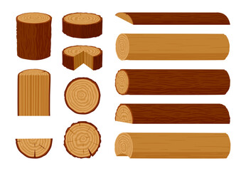 Wooden logs. Cartoon stacked woodwork planks and firewood, tree trunks, planks, wood industry materials, wood lumber branch flat vector illustration set. Wooden products collection