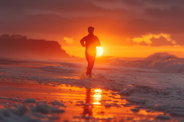 A person running on a beach at sunrise, showcasing endurance. Concept of morning exercise. Generative Ai.