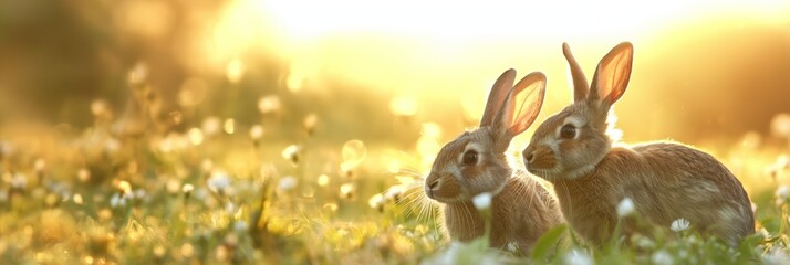 A pair of wild rabbits amidst a field with soft sunlight filtering through, highlighting the lush...