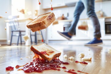 Slice of toast with jam falling onto a kitchen floor, creating a sticky mess, depicting a typical morning mishap and the everyday challenges of domestic life, Generative AI