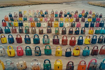 Obraz premium Rows of colorful padlocks on a sandy surface, symbolizing security, protection, and the importance of safeguarding both physical and digital information in a vibrant and nostalgic setting