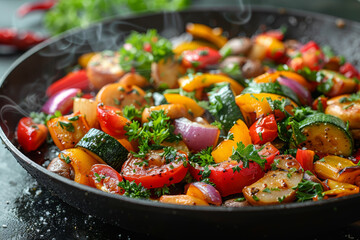 A colorful veggie stir-fry in a pan, representing healthy cooking. Concept of nutrient-dense meals. Generative Ai.