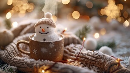 Cozy holiday scene with marshmallow snowman in hot chocolate surrounded by warm festive lights and pine.