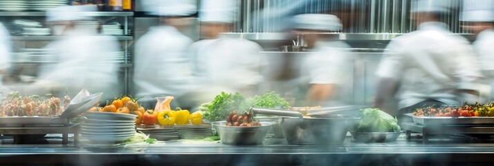 Long exposure of a bustling kitchen with chefs preparing food, showing motion blur of their activity