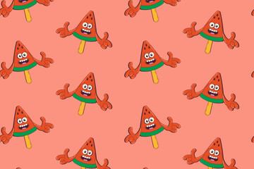 Seamless Watermelon Pattern in Cartoon Retro Groovy Style. Summer background with funny comic watermelon ice cream. Vector illustration wirh smilling food mascot character.