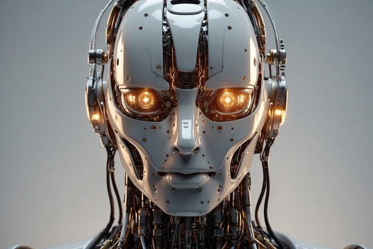 The head of a robot in profile with glowing yellow eyes on a light background, the personification of artificial intelligence
