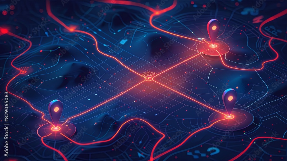 Poster isometric gps tracking map with red and blue lights, showcasing navigational pins on streets. digita