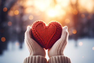 Hands in gloves holding heart shape knitted object on a blurred winter landscape background with trees
