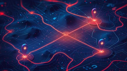 Isometric GPS tracking map with red and blue lights, showcasing navigational pins on streets. Digital art with abstract map background. Generative AI