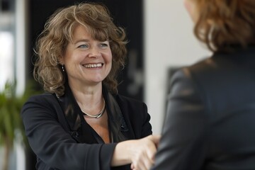 Mid aged business woman manager seals successful deal with client.