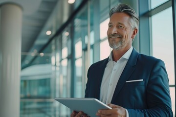 Fototapeta premium Middle aged CEO in suit using digital tablet in office.