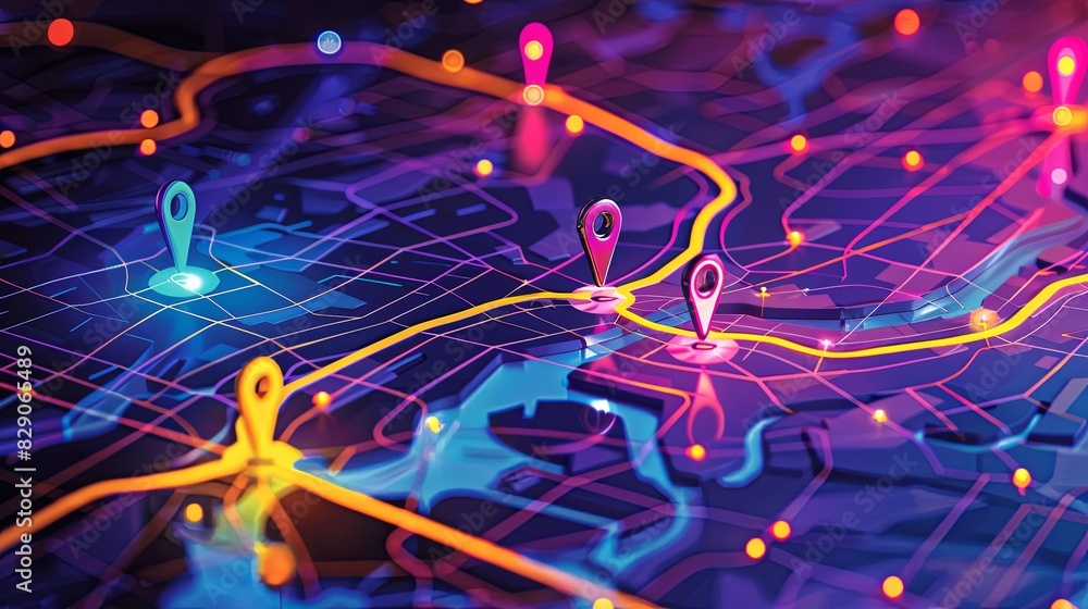 Poster detailed close-up of a city map with gps tracking pins, streets, and buildings. isometric abstract b