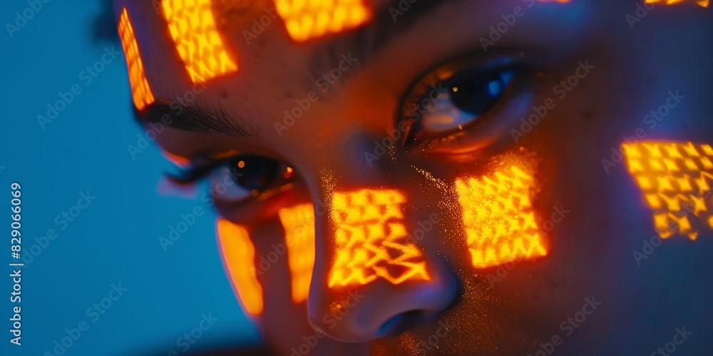 Aufkleber close-up of a human eye surrounded by glowing digital lights, symbolizing the integration of technol
