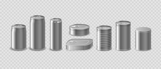 Collection Of Metallic Cans And Containers. Soda Cans, Food Cans, And A Sardine Tin Isolated On Transparent Background