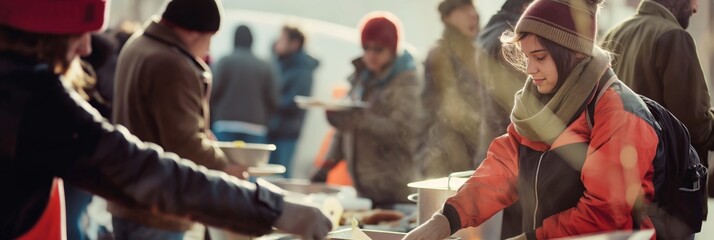 A line of volunteers serving food to the community at an outdoor charity event