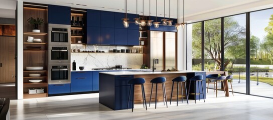 Modern blue kitchen with royal blue island, quartz countertops, and open shelving
