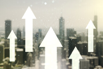 Virtual upward arrows illustration on blurry skyline background. Breakthrough and progress concept....