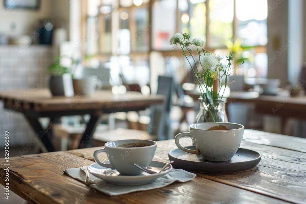 Aufkleber two coffee cups placed on a wooden table with a warm and inviting ambiance. generative ai