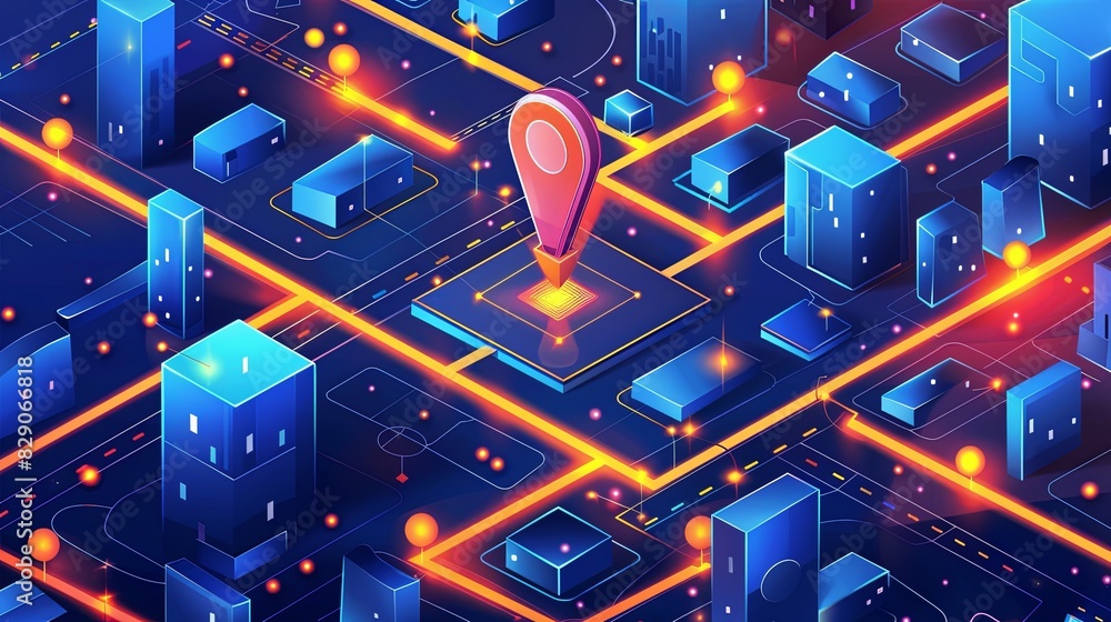 Poster a map with a red marker in the center, depicting gps tracking and navigation on a street map, creati