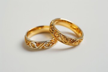 Golden wedding rings on a white background. Bride and Groom Rings