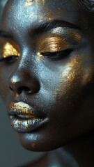 woman with reflective grey coloured skin, and metallic gold coloured hair.generative ai