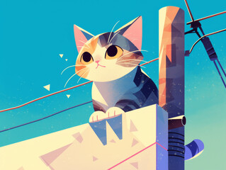 Colorful Digital Illustration of a Curious Cat on a Rooftop