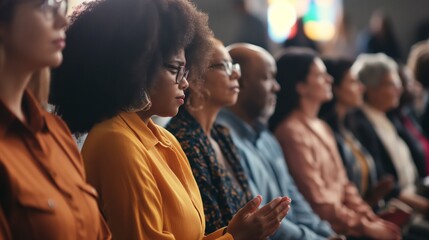 Group of people from different cultures united in prayer in church