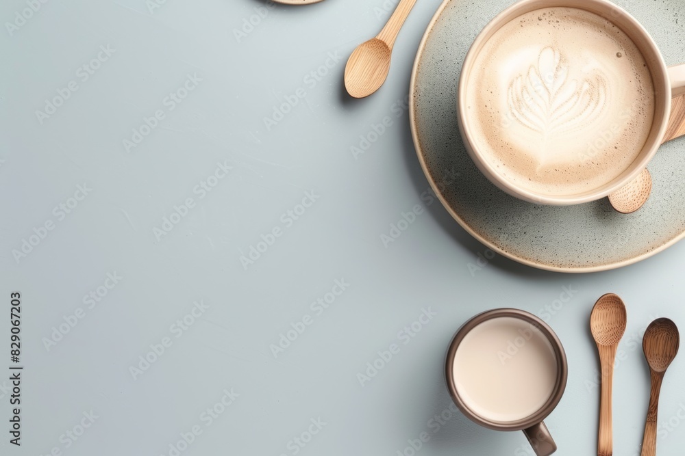 Poster a cup of coffee surrounded by spoons on a coffee table. generative ai