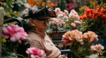 A scene of an elderly woman in her wheelchair, wearing VR glasses and smiling joyfully as she sulates the virtual reality garden filled with blooming roses. The flowers around her add 