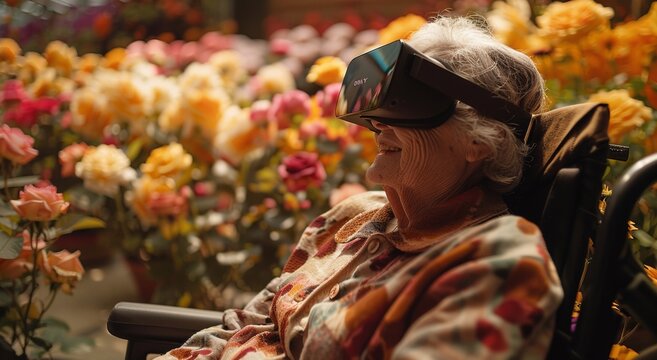 A scene of an elderly woman in her wheelchair, wearing VR glasses and smiling joyfully as she sulates the virtual reality garden filled with blooming roses. The flowers around her add 