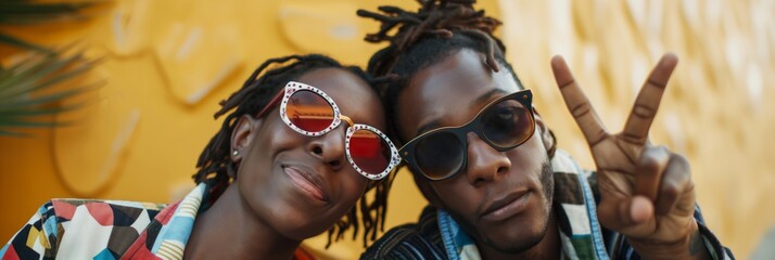 Two hip friends with dreadlocks making peace signs while wearing funky sunglasses and standing before a yellow backdrop