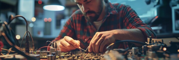 A man is engaged in an intricate task of soldering an electronic circuit board in a tech environment