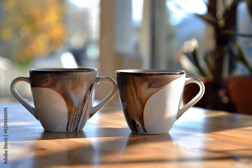 Aufkleber two coffee cups filled with aromatic coffee resting on top of a wooden table. generative ai