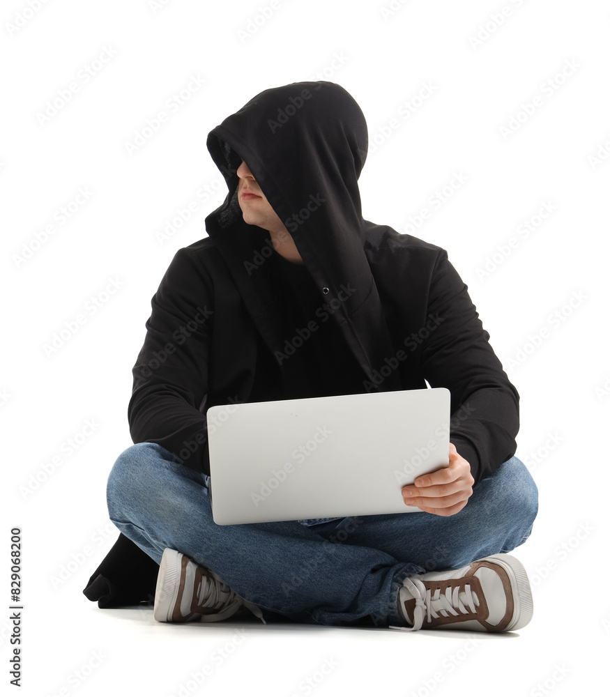Poster hacker using laptop on white background