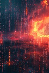 Matrix-inspired code a fiery cyber sunrise backdrop 